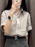 グレー 半袖リネン混シャツ