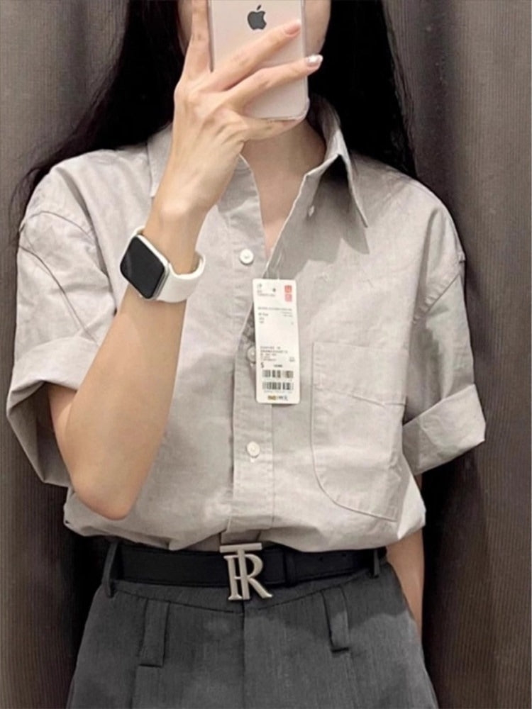 グレー 半袖リネン混シャツ