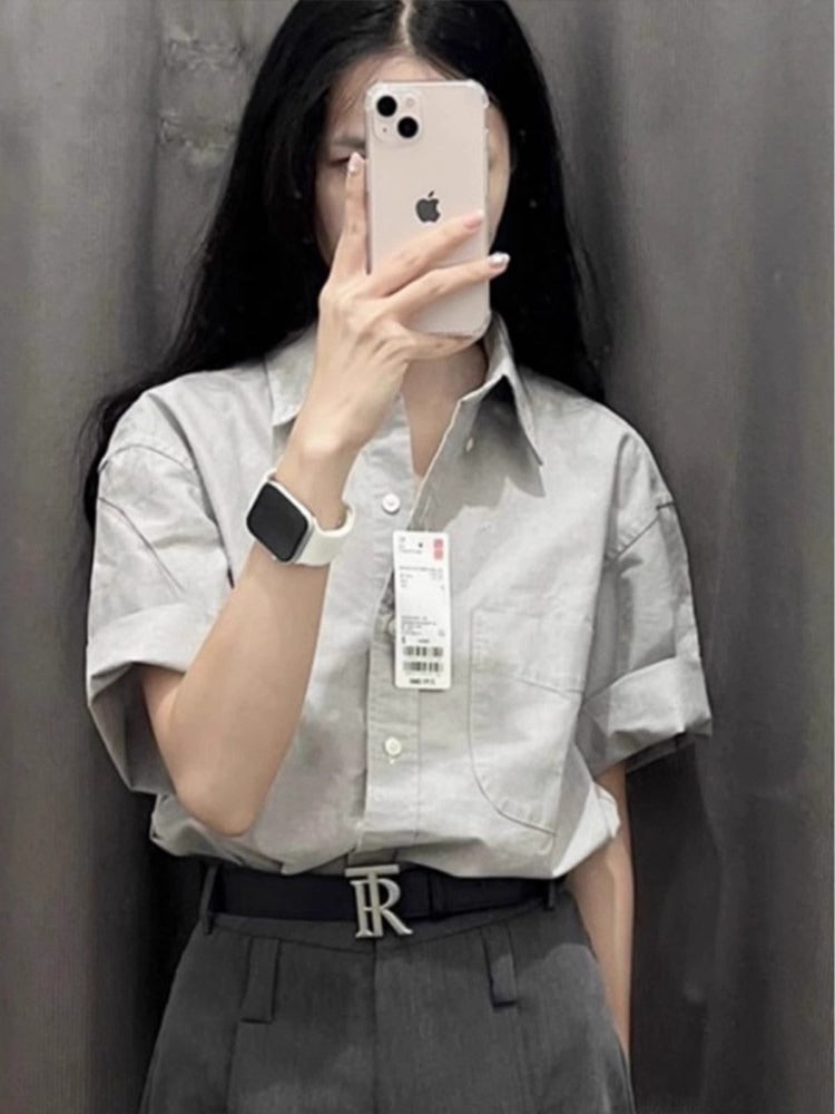 グレー 半袖リネン混シャツ