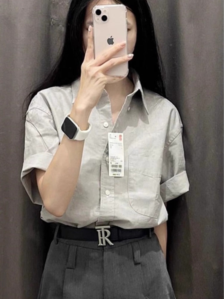 グレー 半袖リネン混シャツ
