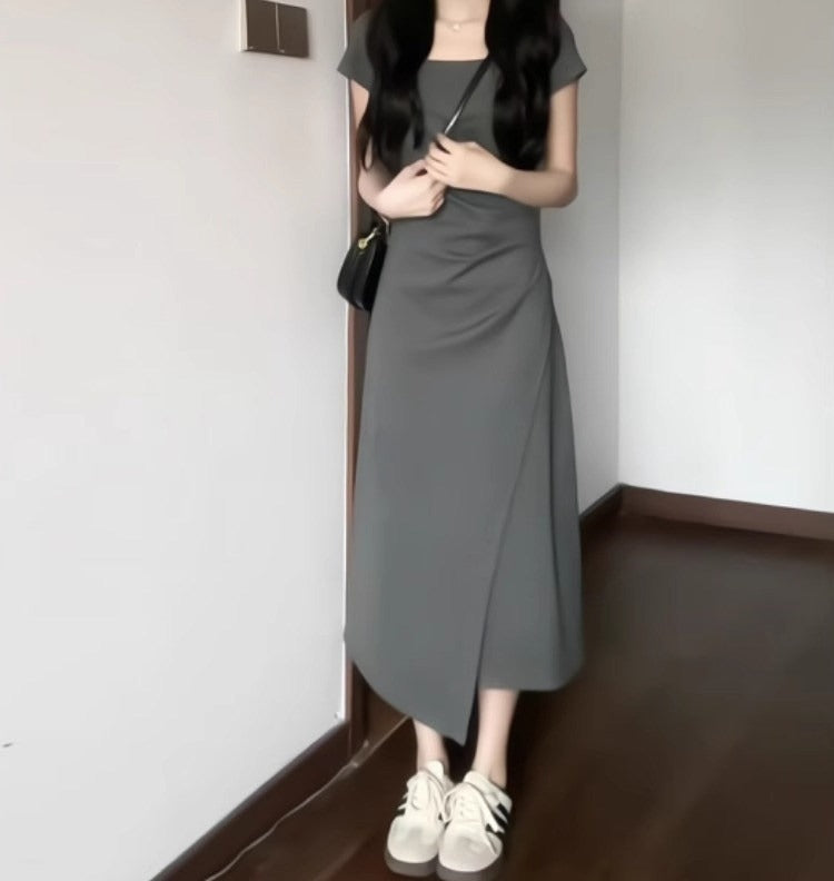 フレンチグレー上品ロングワンピ（小柄向け）