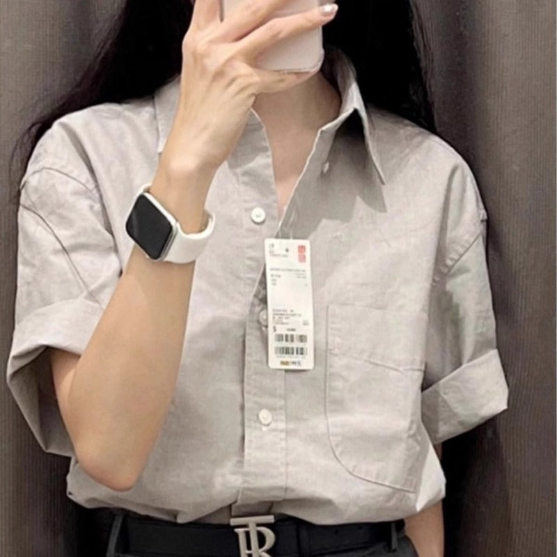 グレー 半袖リネン混シャツ