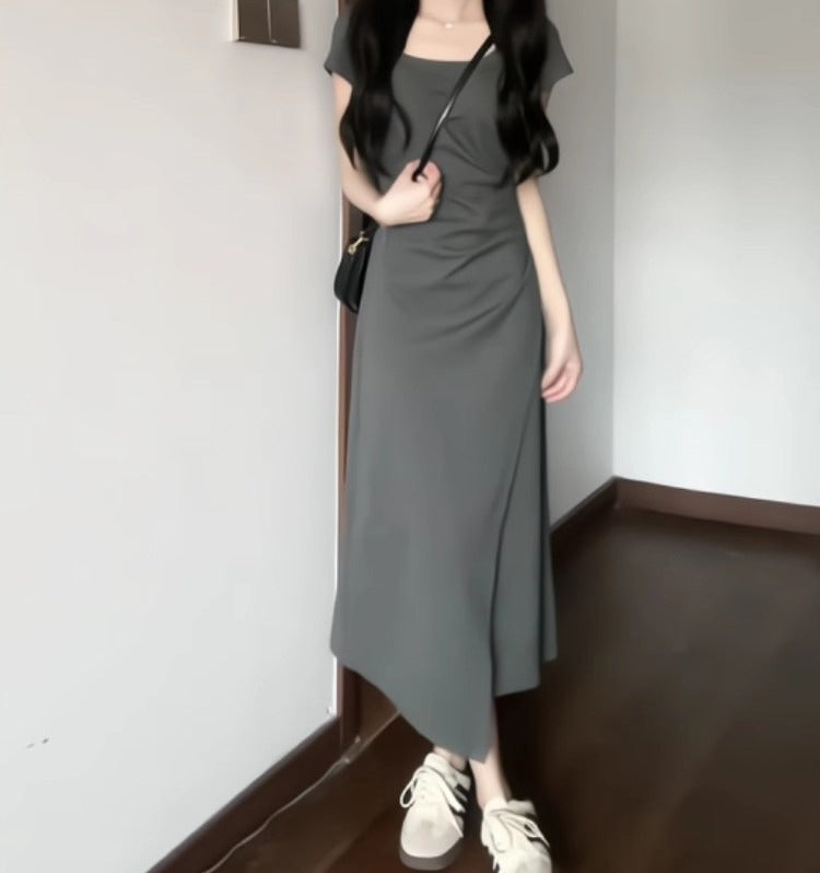 フレンチグレー上品ロングワンピ（小柄向け）