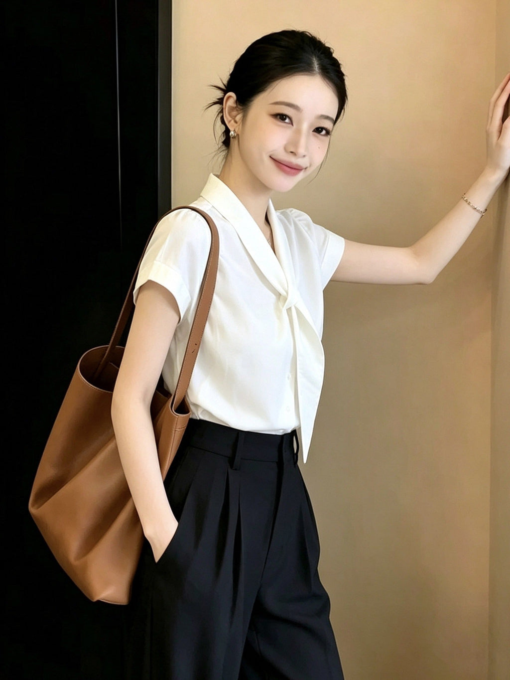 白 リボン付き 半袖シャツ