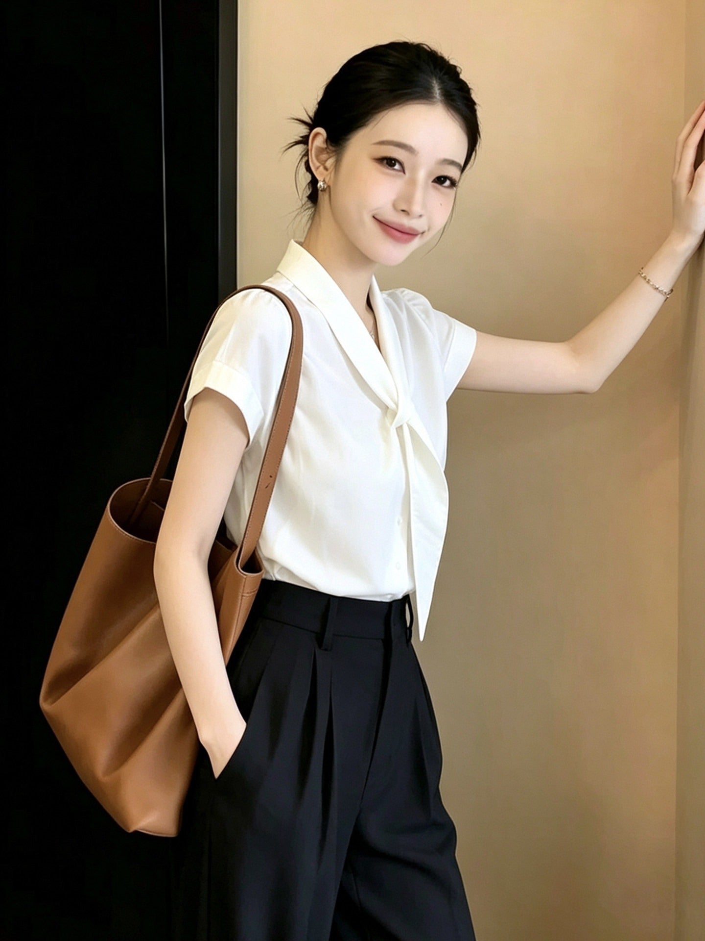 白 リボン付き 半袖シャツ